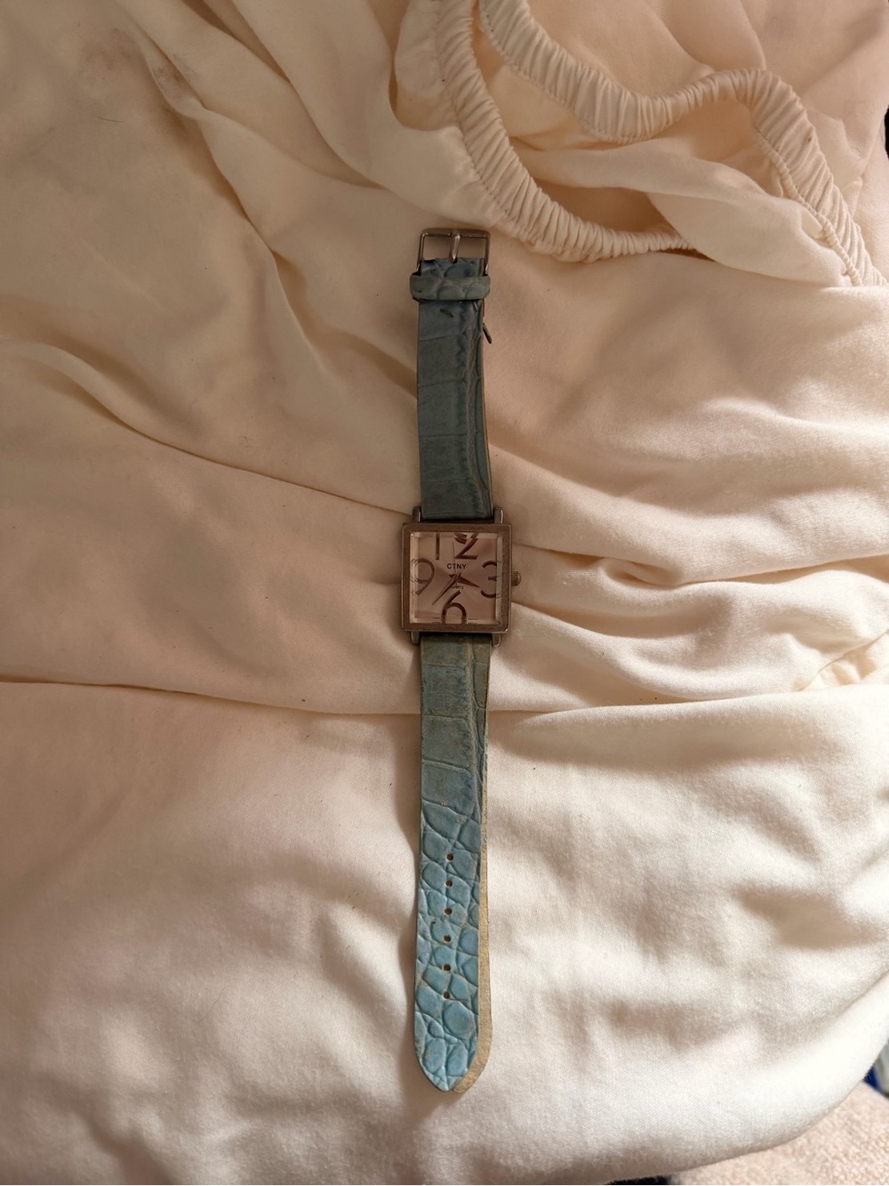 Classic Square Dial Leather-Strap Watch - Light Blue